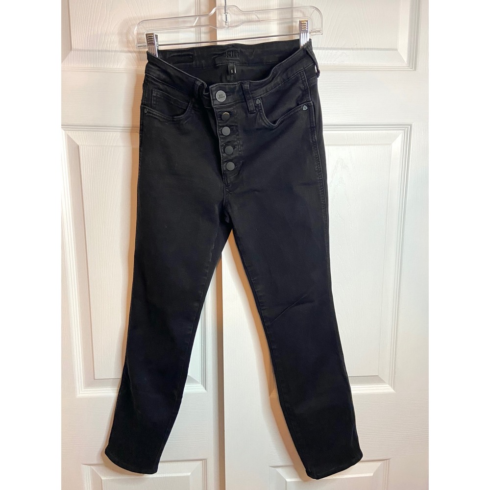 Kut from the Kloth High Rise Ankle Slim Straight Leg Jeans Black Button Fly 6